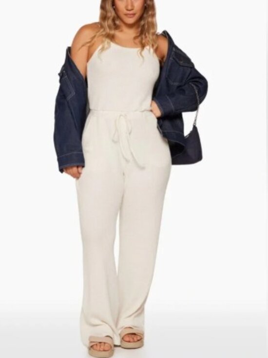 SET Active Pants - Set Active Cream Lounge Waffle Knit Cami Wide Leg Jumpsuit. XS